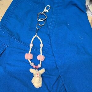 Cute Bunny Keychain with Pink and White fuzzy Beads